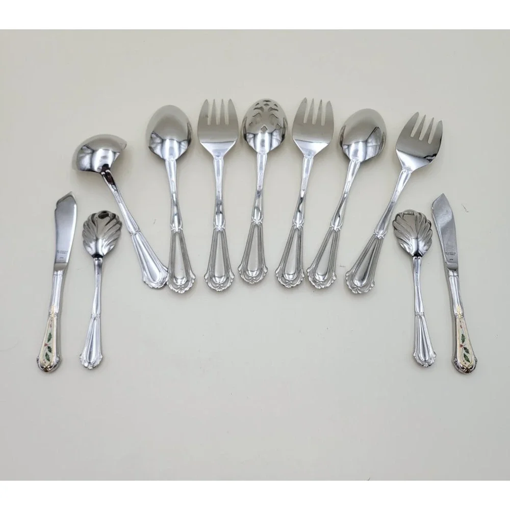 Lenox Holiday 18/8 Stainless Steel Serving Flatware Set of 11 Holly Gold Accent